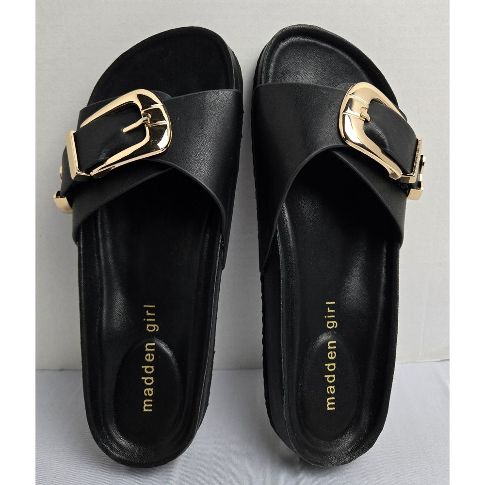Madden Girl Brookk Black Slide Sandals Gold Buckle BROO05J1 Womens 5M